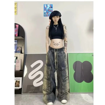 Street men and women trendy and personalized hip-hop straight leg washed gradient jeans for couples loose casual Harajuku pants